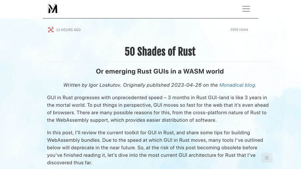 Screenshot of monadical.com: Emerging Rust GUI libraries in a WASM world