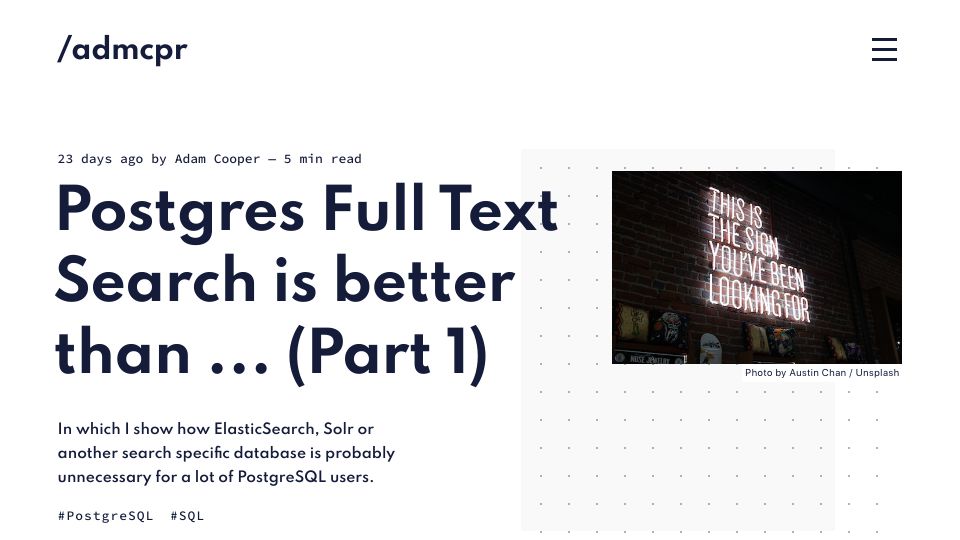 Screenshot of admcpr.com: In PostgreSQL, powerful Full Text Search is available out of the box