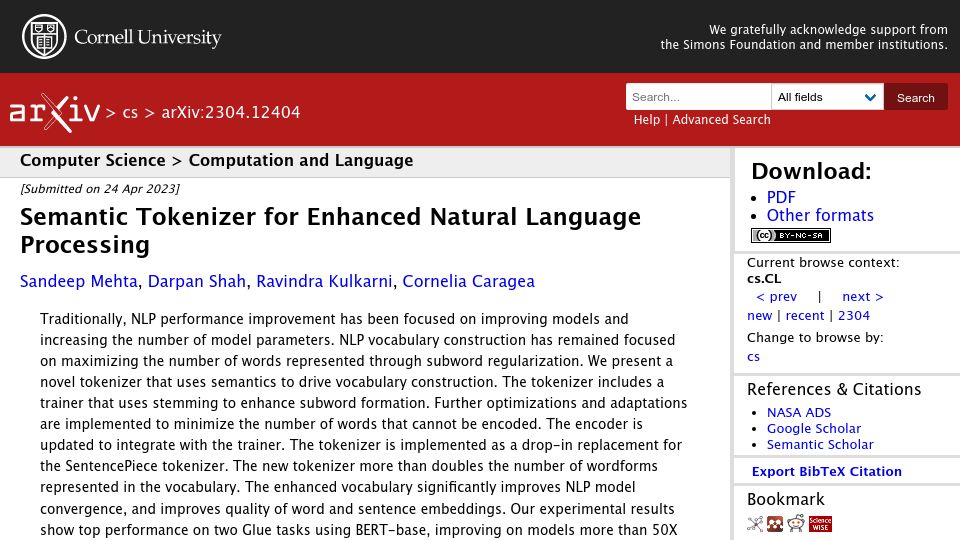 Screenshot of arxiv.org: Semantic Tokenizer for Enhanced Natural Language Processing