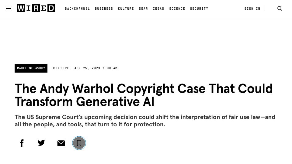 Screenshot of wired.com: The Andy Warhol Copyright Case That Could Transform Generative AI