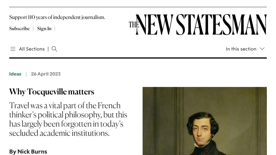 Screenshot of newstatesman.com: Why Tocqueville Matters