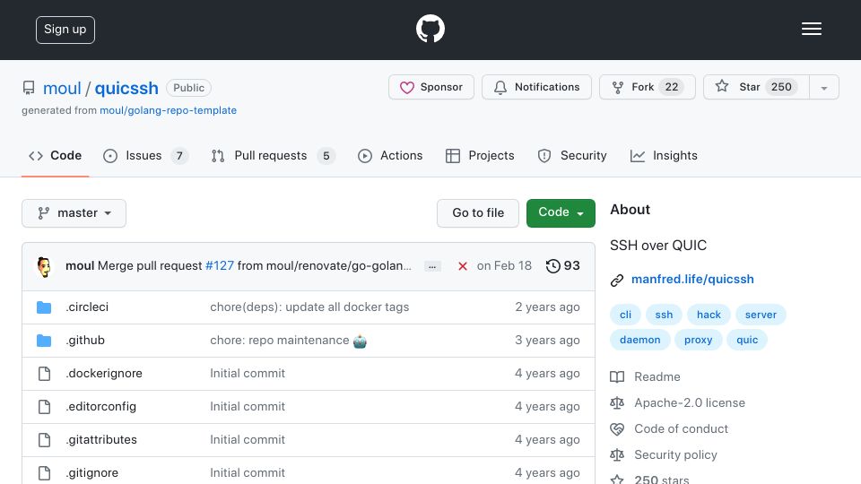 Screenshot of github.com: Quicssh: SSH over QUIC