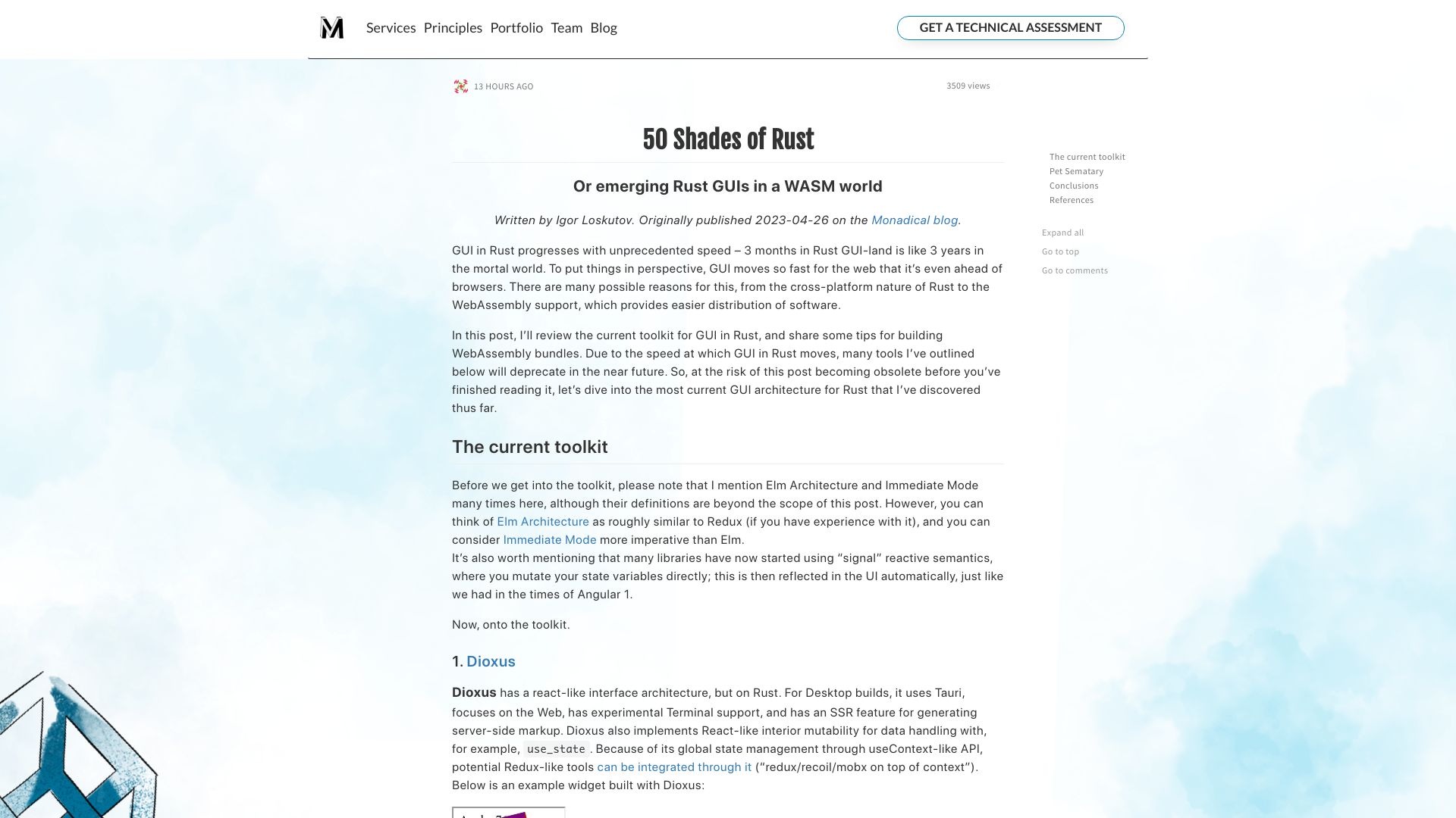 Screenshot of monadical.com: Emerging Rust GUI libraries in a WASM world