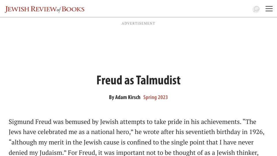 Screenshot of jewishreviewofbooks.com: Freud as Talmudist