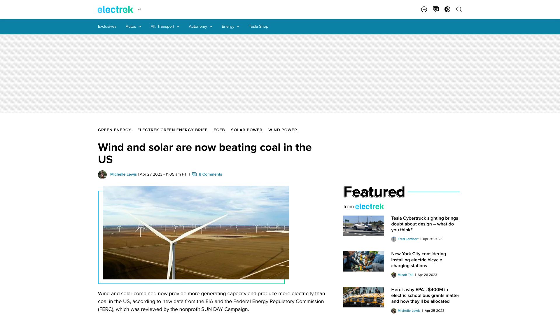 Screenshot of electrek.co: Wind and solar are now beating coal in the US