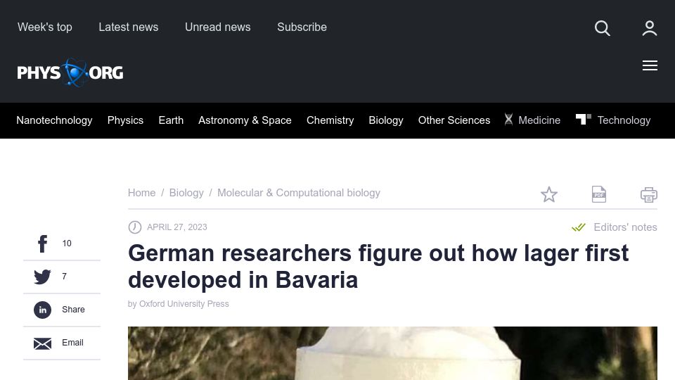 Screenshot of phys.org: German researchers figure out how lager first developed in Bavaria