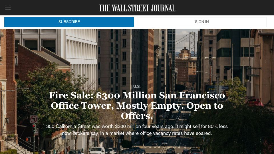 Screenshot of wsj.com: Fire Sale: $300M San Francisco Office Tower, Mostly Empty