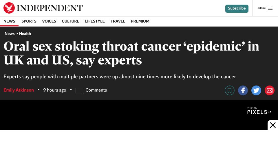Screenshot of independent.co.uk: Oral Sex Stoking Throat Cancer ‘Epidemic’ in UK and US
