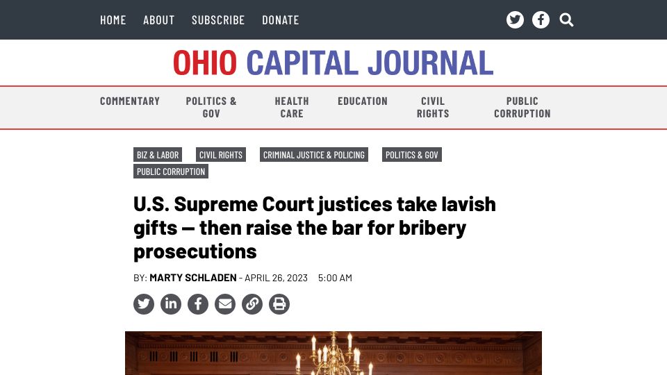 Screenshot of ohiocapitaljournal.com: US Supreme Court Justices get lavish gifts; Raise bar for bribery prosecutions