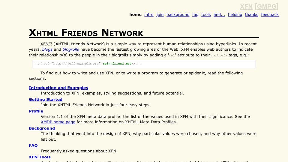 Screenshot of gmpg.org: Xhtml Friends Network (2003)