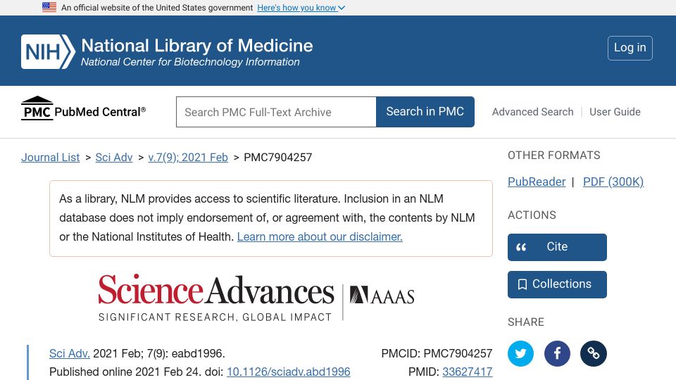 Screenshot of ncbi.nlm.nih.gov: The Unequal Impact of Parenthood in Academia (2021)