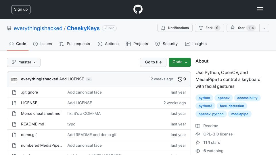 Screenshot of github.com: Show HN: CheekyKeys – A Face-Controlled Keyboard