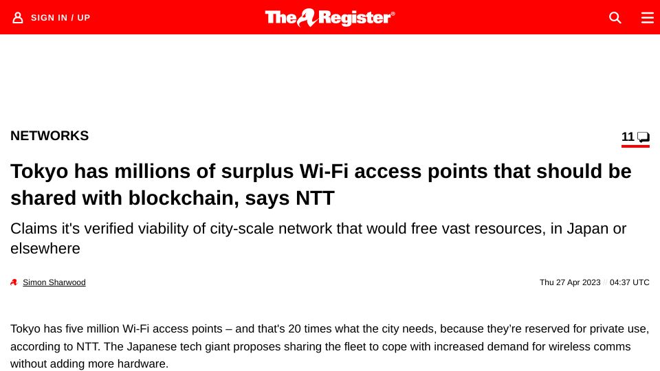Screenshot of theregister.com: Tokyo has 20 times as much WiFi as it needs