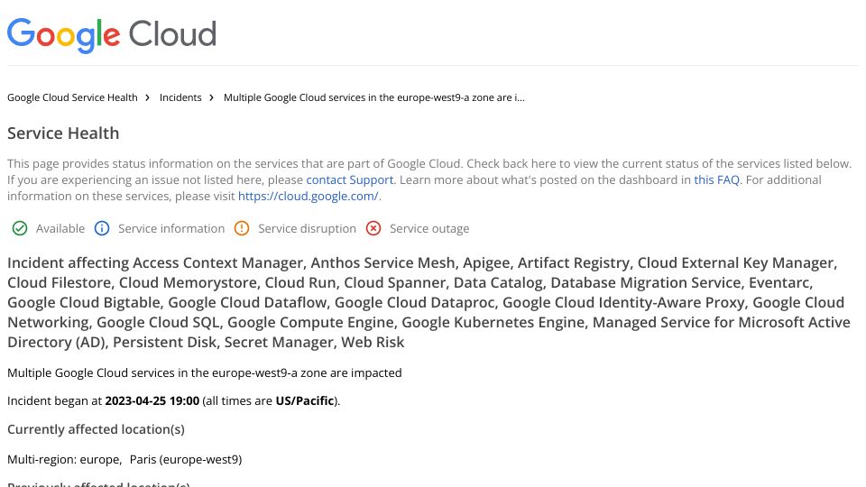 Screenshot of status.cloud.google.com: Google Cloud region currently down due to water intrusion