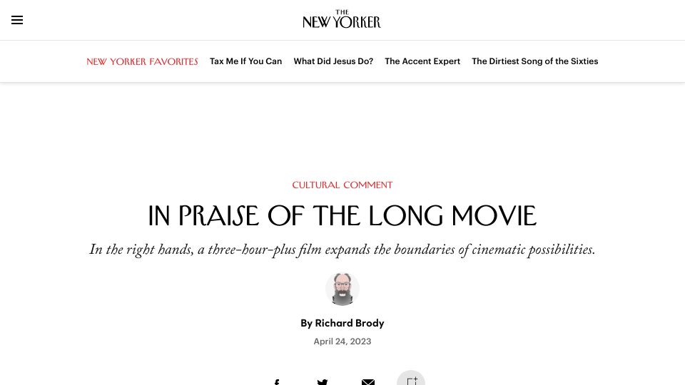 Screenshot of newyorker.com: In Praise of the Long Movie