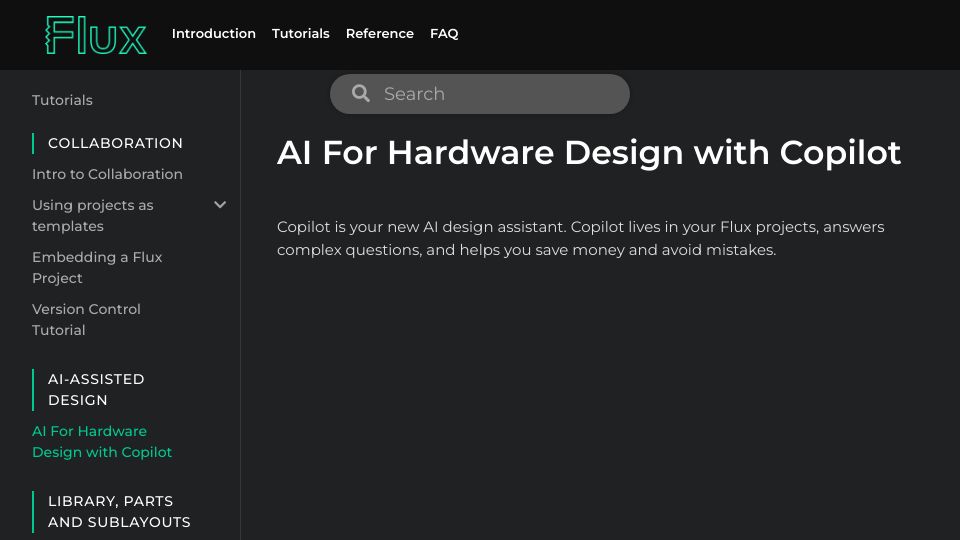 Screenshot of docs.flux.ai: ChatGPT for Hardware Design