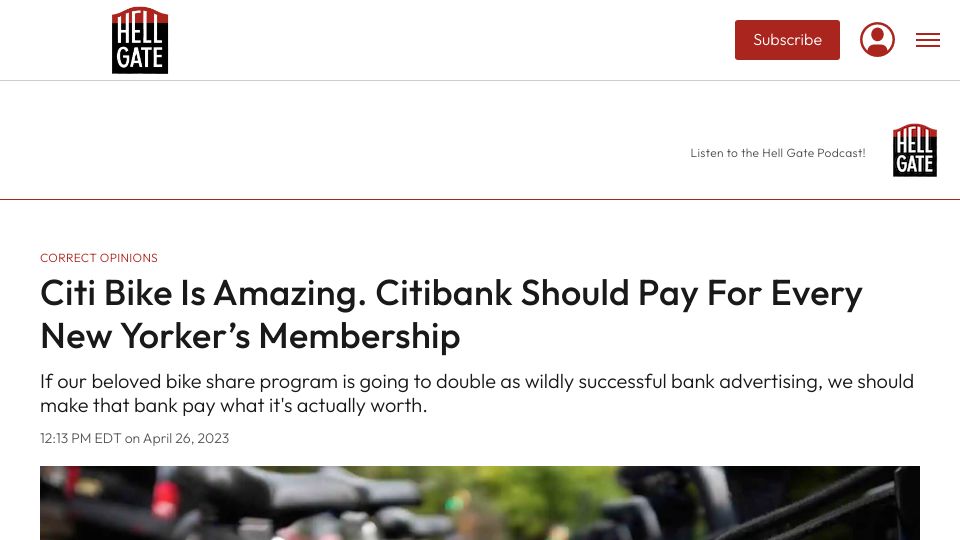 Screenshot of hellgatenyc.com: Citi Bike Is Amazing. Citibank Should Pay for Every New Yorker's Membership