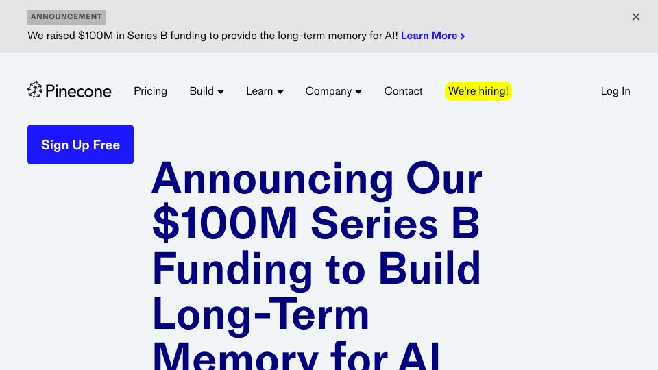 Screenshot of pinecone.io: Pinecone raises $100M Series B