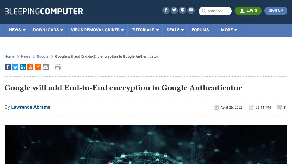 Screenshot of bleepingcomputer.com: Google will add E2E encryption to Authenticator backups