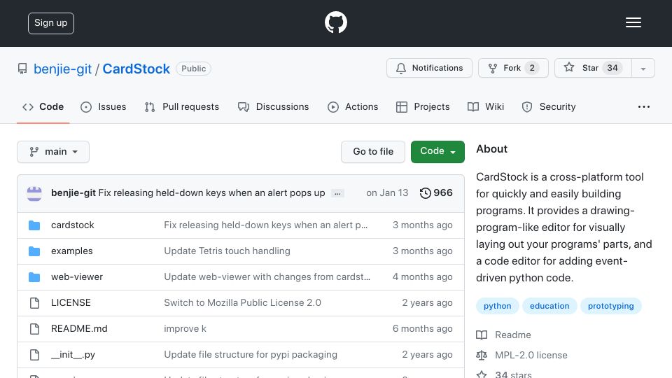 Screenshot of github.com: CardStock