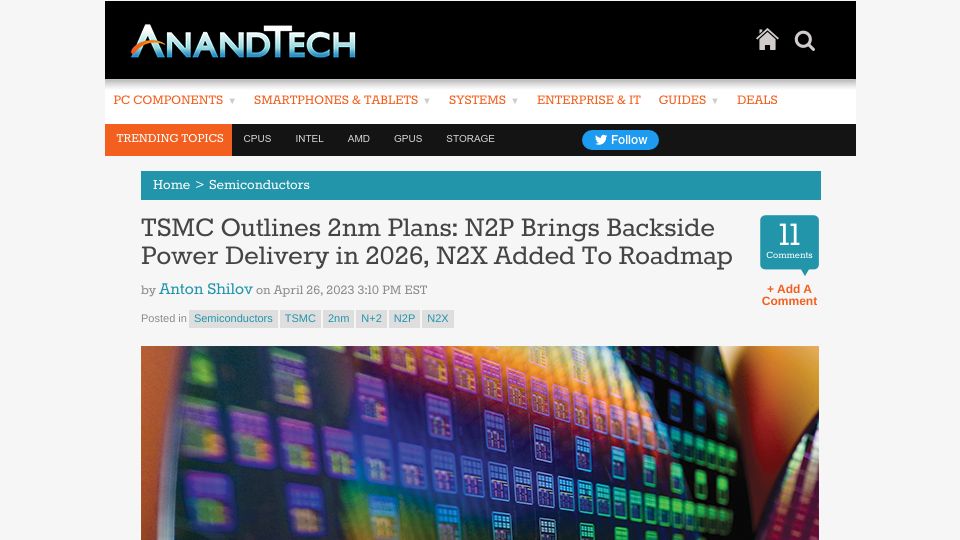 Screenshot of anandtech.com: TSMC Outlines 2nm Plans: N2P Brings Backside Power Delivery in 2026, N2X Added