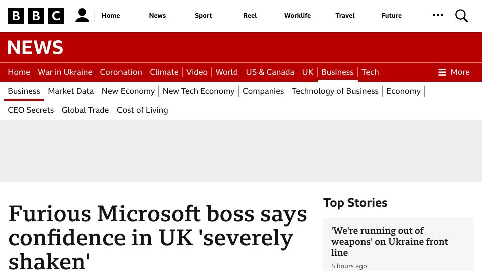 Screenshot of bbc.co.uk: Microsoft in furious attack on UK as major gaming deal blocked