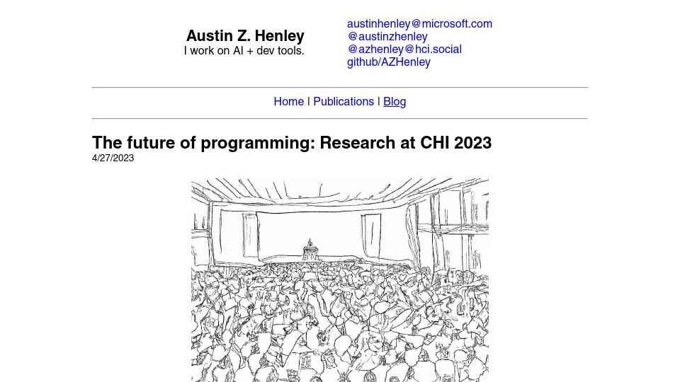 Screenshot of austinhenley.com: The future of programming: Research at CHI 2023