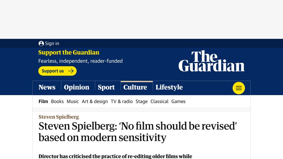 Screenshot of theguardian.com: Steven Spielberg: ‘No film should be revised’ based on modern sensitivity