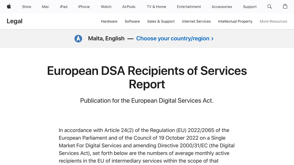 Screenshot of apple.com: European DSA Recipients of Services Report