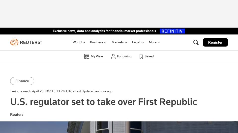 Screenshot of reuters.com: U.S. regulator set to take over First Republic