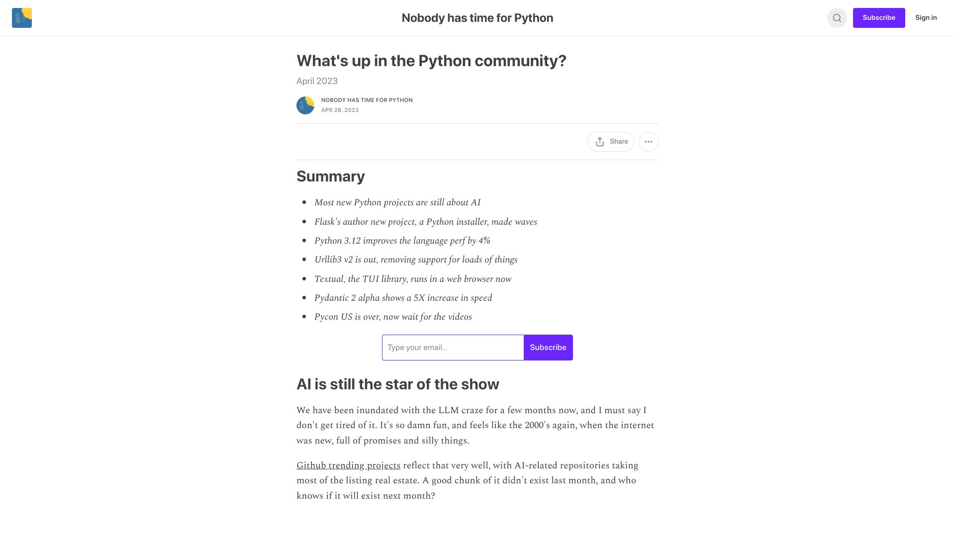 Screenshot of bitecode.substack.com: What's up in the Python community? – April 2023