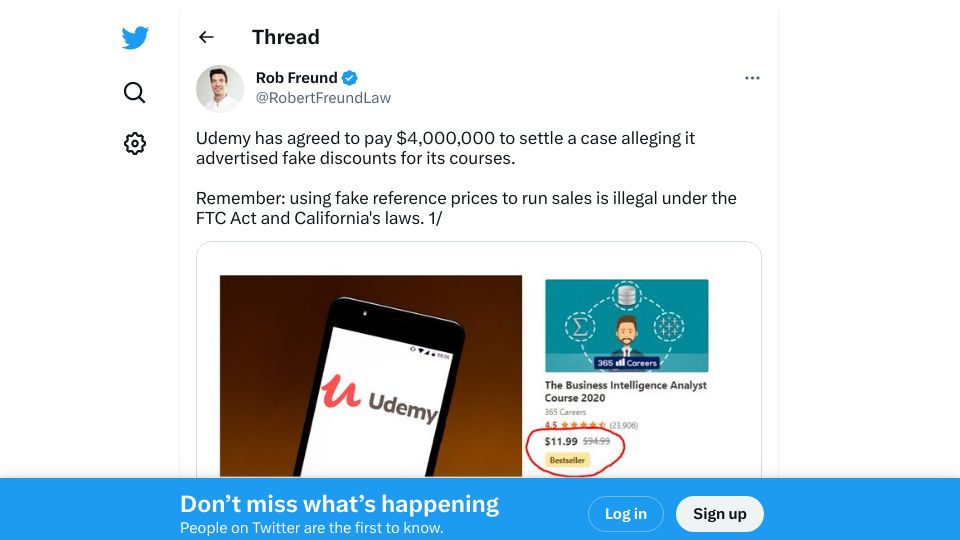 Screenshot of twitter.com: Udemy to pay $4M to settle a case alleging it advertised fake discounts