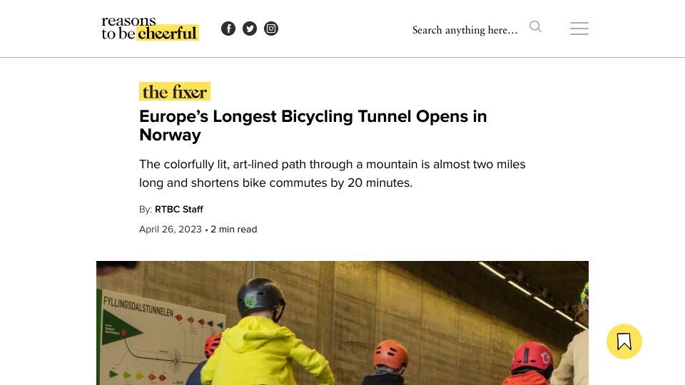 Screenshot of reasonstobecheerful.world: Europe’s Longest Bicycling Tunnel Opens in Norway