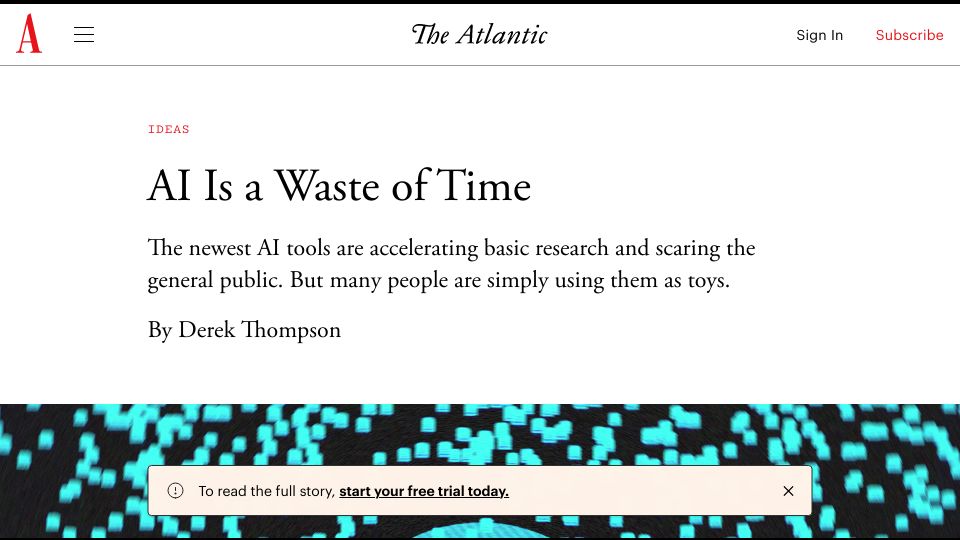 Screenshot of theatlantic.com: AI Is a Waste of Time