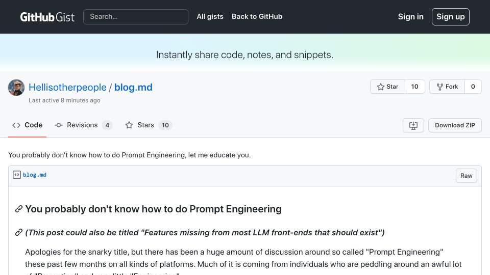 Screenshot of gist.github.com: You probably don't know how to do Prompt Engineering