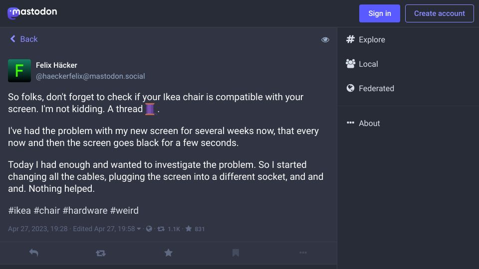 Screenshot of mastodon.social: Check if your IKEA chair is compatible with your screen