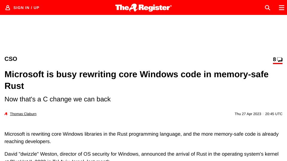 Screenshot of theregister.com: Microsoft is busy rewriting core Windows library code in memory-safe Rust