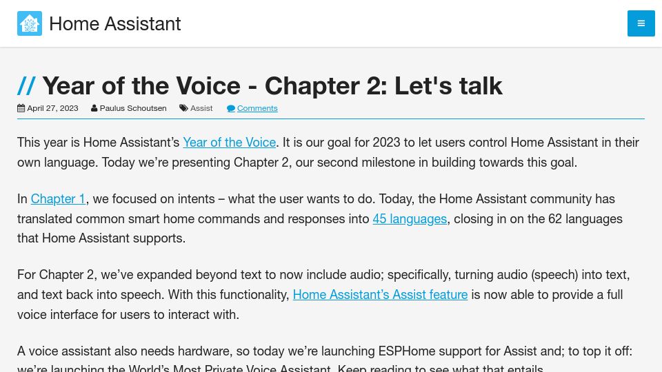 Screenshot of home-assistant.io: Year of the Voice – Chapter 2: Let's talk