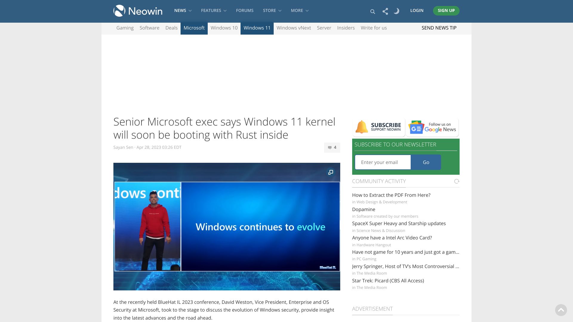 Screenshot of neowin.net: Microsoft exec says Windows 11 kernel will soon be booting with Rust inside