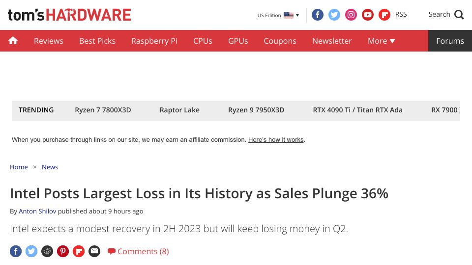 Screenshot of tomshardware.com: Intel posts largest loss in its history as sales plunge
