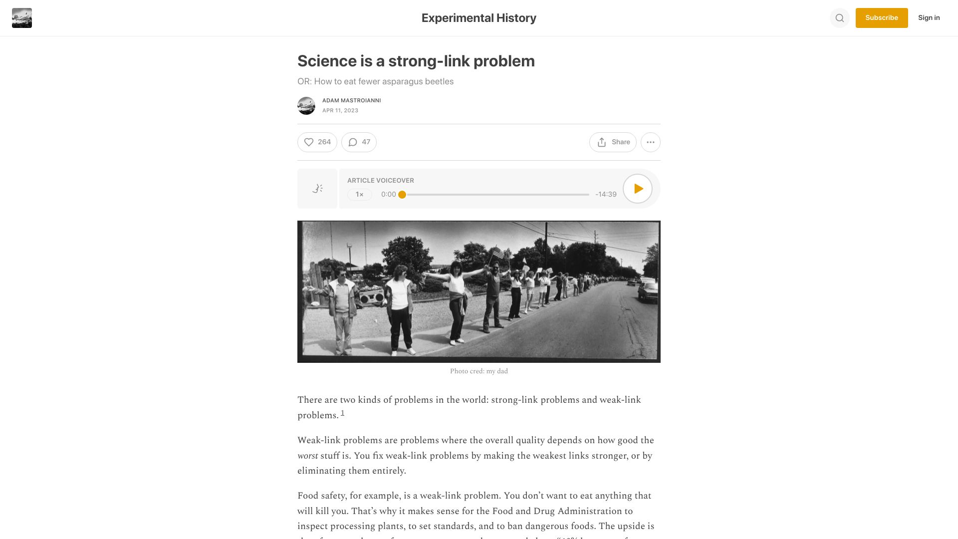 Screenshot of experimental-history.com: Science is a strong-link problem