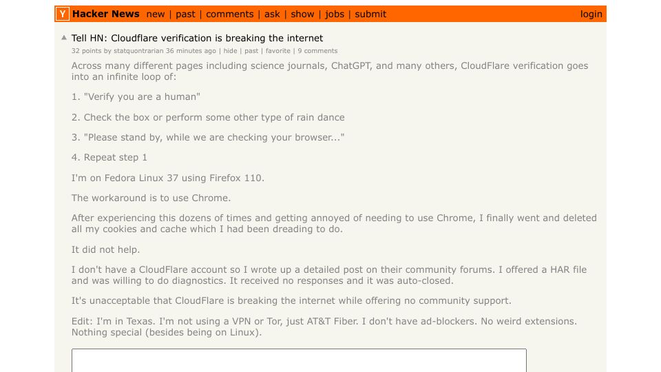 Screenshot of Hacker News post: Tell HN: Cloudflare verification is breaking the internet
