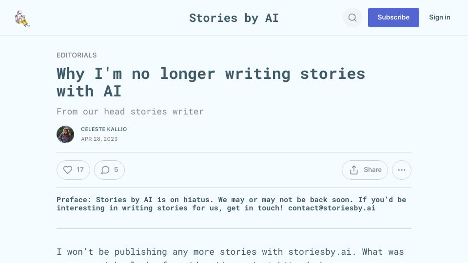Screenshot of storiesby.ai: Why I'm no longer writing stories with AI