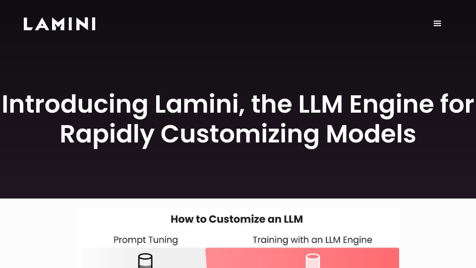 Screenshot of lamini.ai: Launch Lamini: The LLM Engine for Rapidly Customizing Models as Good as ChatGPT