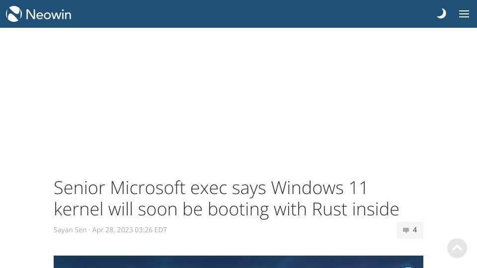 Screenshot of neowin.net: Microsoft exec says Windows 11 kernel will soon be booting with Rust inside