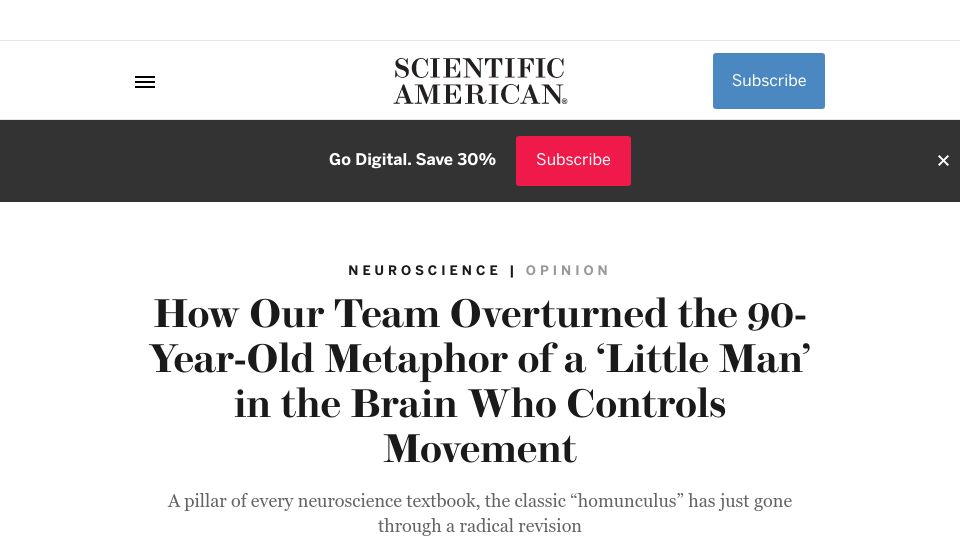 Screenshot of scientificamerican.com: The classic “homunculus” has gone through a radical revision