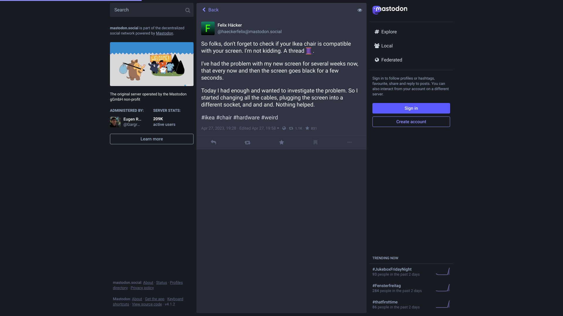 Screenshot of mastodon.social: Check if your IKEA chair is compatible with your screen