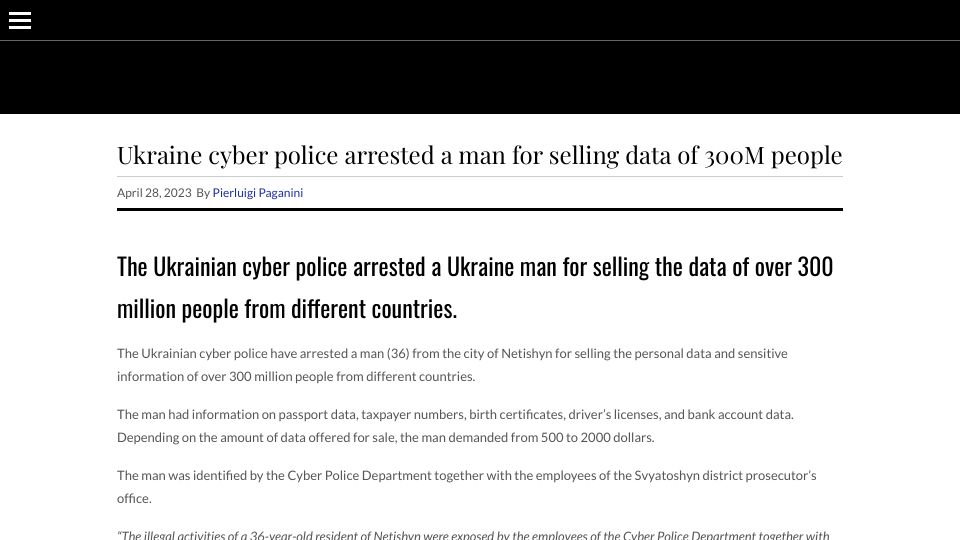 Screenshot of securityaffairs.com: The Ukrainian police arrested a man for selling data of over 300M people