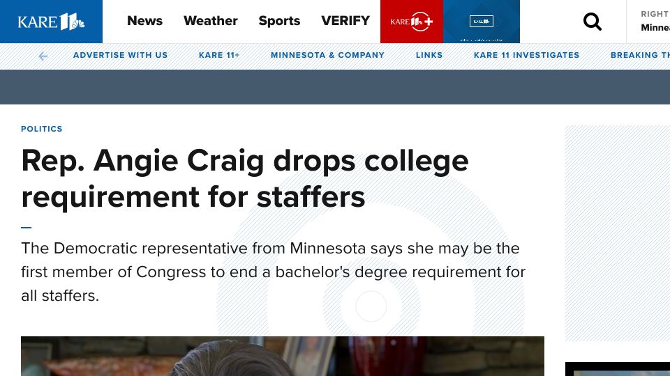 Screenshot of kare11.com: U.S. Rep. Angie Craig drops college requirement for staffers