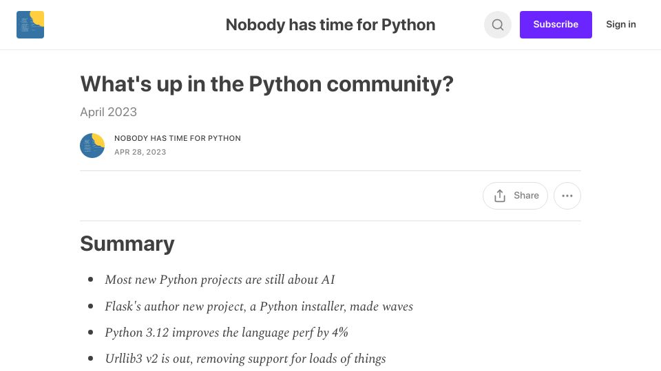 Screenshot of bitecode.substack.com: What's up in the Python community? – April 2023